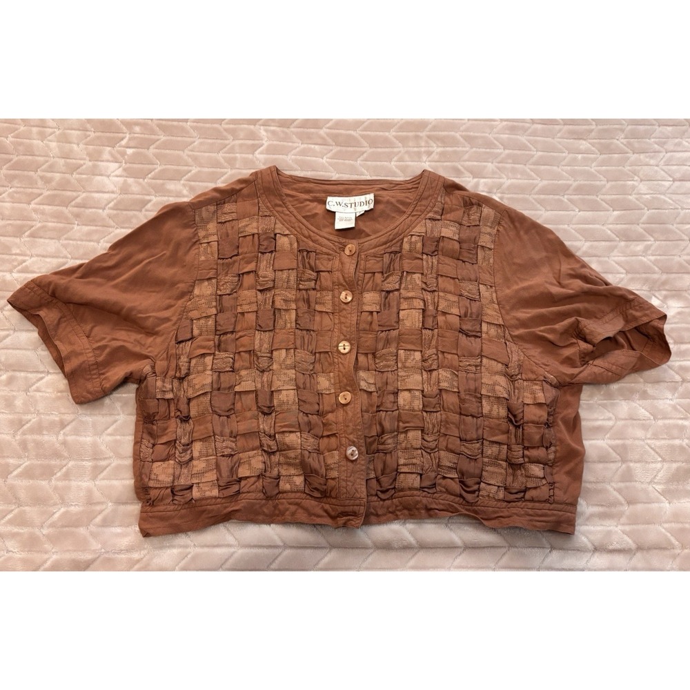 Y2K Whimsigoth Smocked Texture Button Crop Top Rust Brown Basketweave Shirt SZ L - Picture 2 of 14